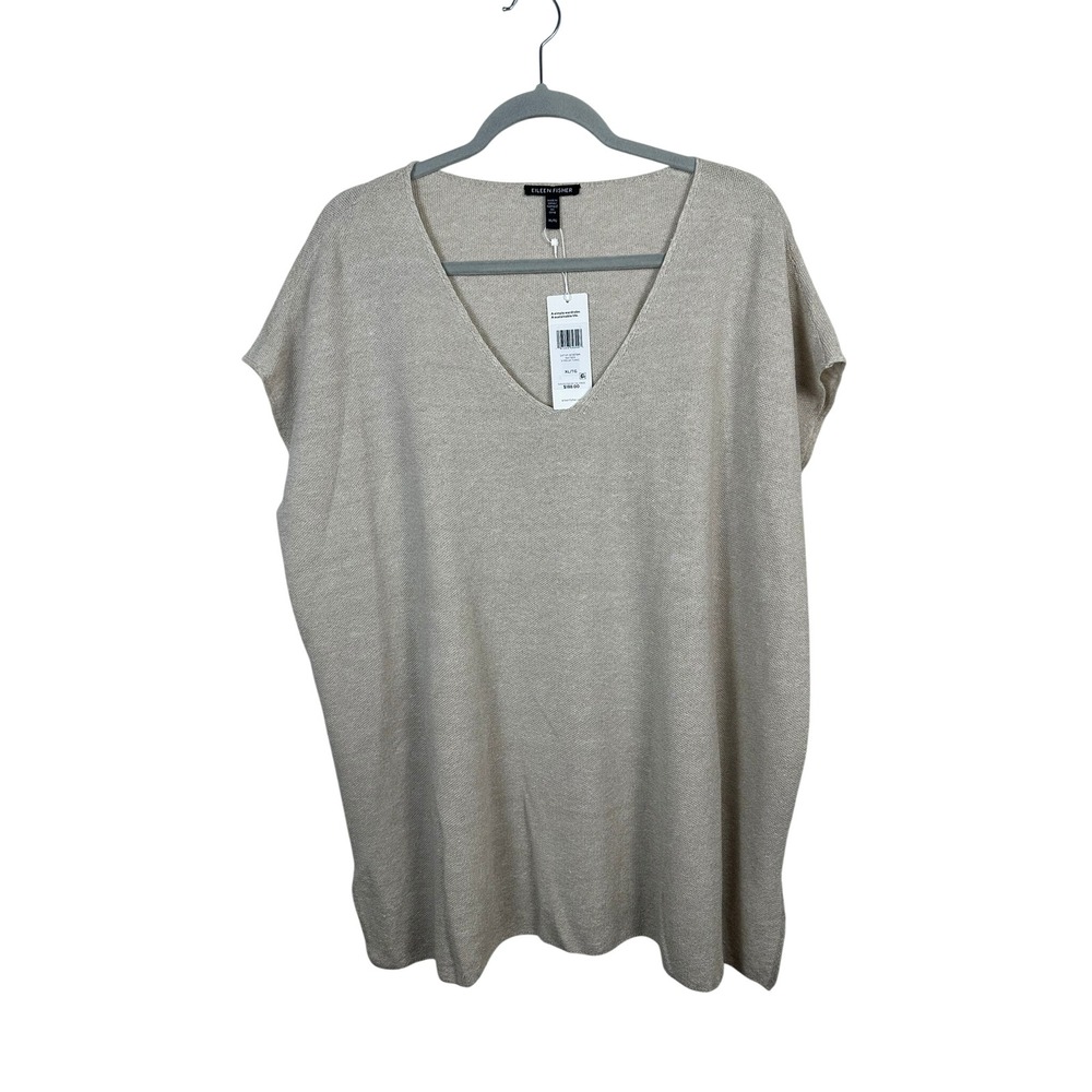 Eileen Fisher Tunic Women XL Natural Beige NEW Organic Linen Cotton V-Neck Knit